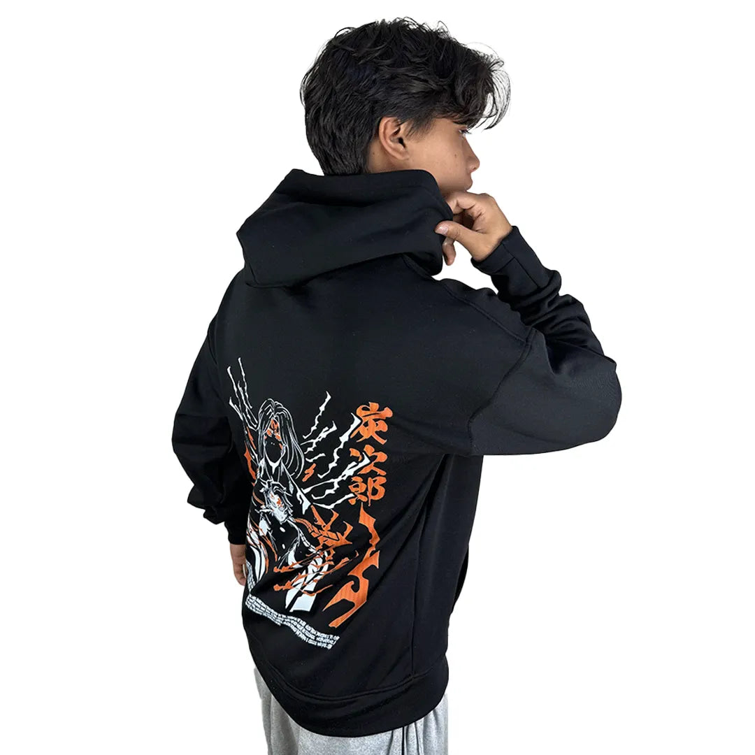 Person wearing a black hoodie with a colorful graphic on the back against a white background